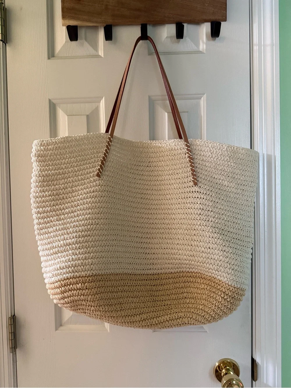 Anthropologie Cream and Tan Straw Tote with Brown Handles - Picture 1 of 4